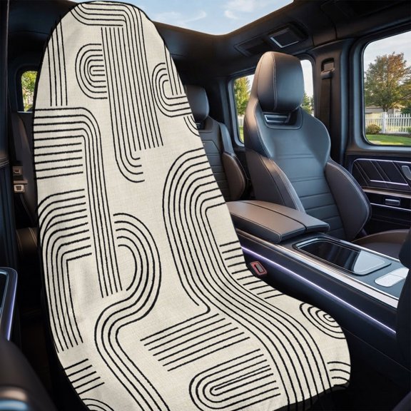 Minimalist Line Art Print Car Seat Cover Towel 2 Pack, Beige and Black Curved Lines Modern Sweat Seat Protector Quick Dry Microfiber Towel Cover with Elastic Strap for Cars, SUVs, Trucks