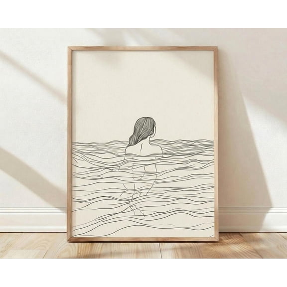 Minimalist Line Art Print, Woman Swimming Poster, Zen Wall Art, Japandi Decor, Large Wall Art, Modern Bathroom Decor, Wabi Sabi Art , Poster Print Only