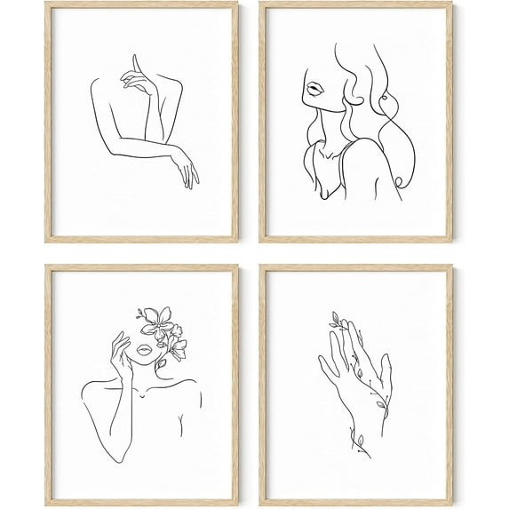 Minimalist Line Art Prints Set of 4 By Haus and Hues | Aesthetic Art Posters | Wall Art Minimalist Painting | Minimal Wall Art | Drawing Poster | Black/White Prints | BEIGE FRAMED (11x14)