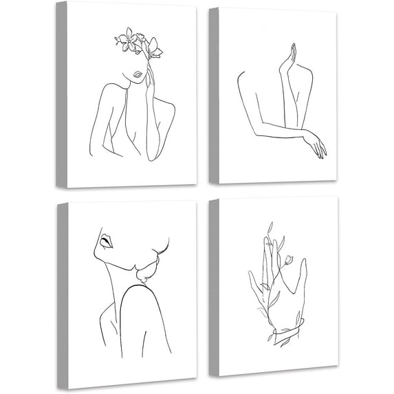 Minimalist Line Art Prints Wall Decor - Abstract Flower Line Art - Modern Black and White Artwork - Women Office Bedroom Bathroom Decoration - FRAMED , 8"x10", 4 Piece Set