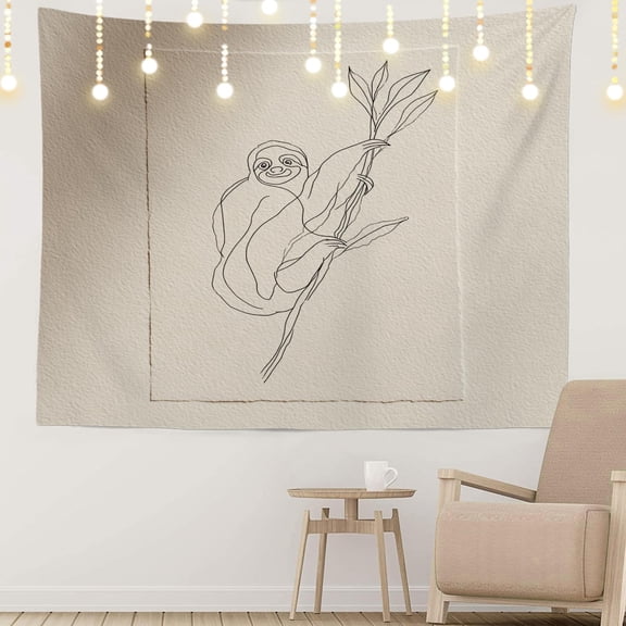 Minimalist Line Art Wall Tapestry, Sloth On Branch Continuous Stroke Wall Hanging Large Tapestry Decoration Polyester Fiber White Hem Around for Dorm Room Bedroom 30 x 40 in