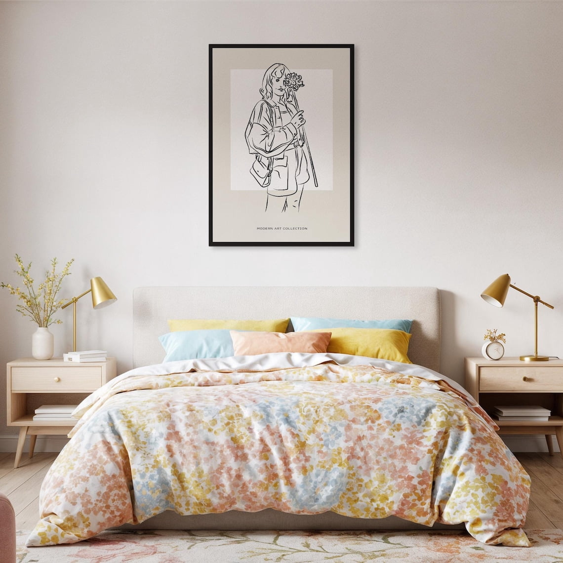 Minimalist Line Drawing Of Woman With Flowers Elegant Modern Wall Art ...