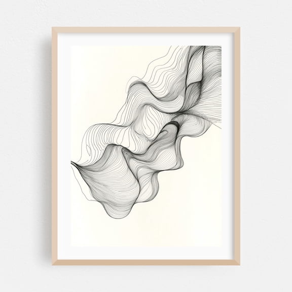 Minimalist Line Waves - Line Drawing Line Art Abstract Minimalist Black and White Modern Art Geometric Oak Framed Wall Art Print 8 x 10 inches