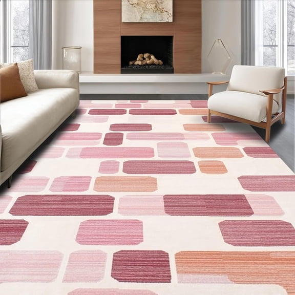 Minimalist Linear Grid Soft Area Rug, Non Slip, Stain Resistant, Washable Area Rugs for Living Room, Bedroom, Asymmetric Rectangular Blocks (Rose) 5x7ft