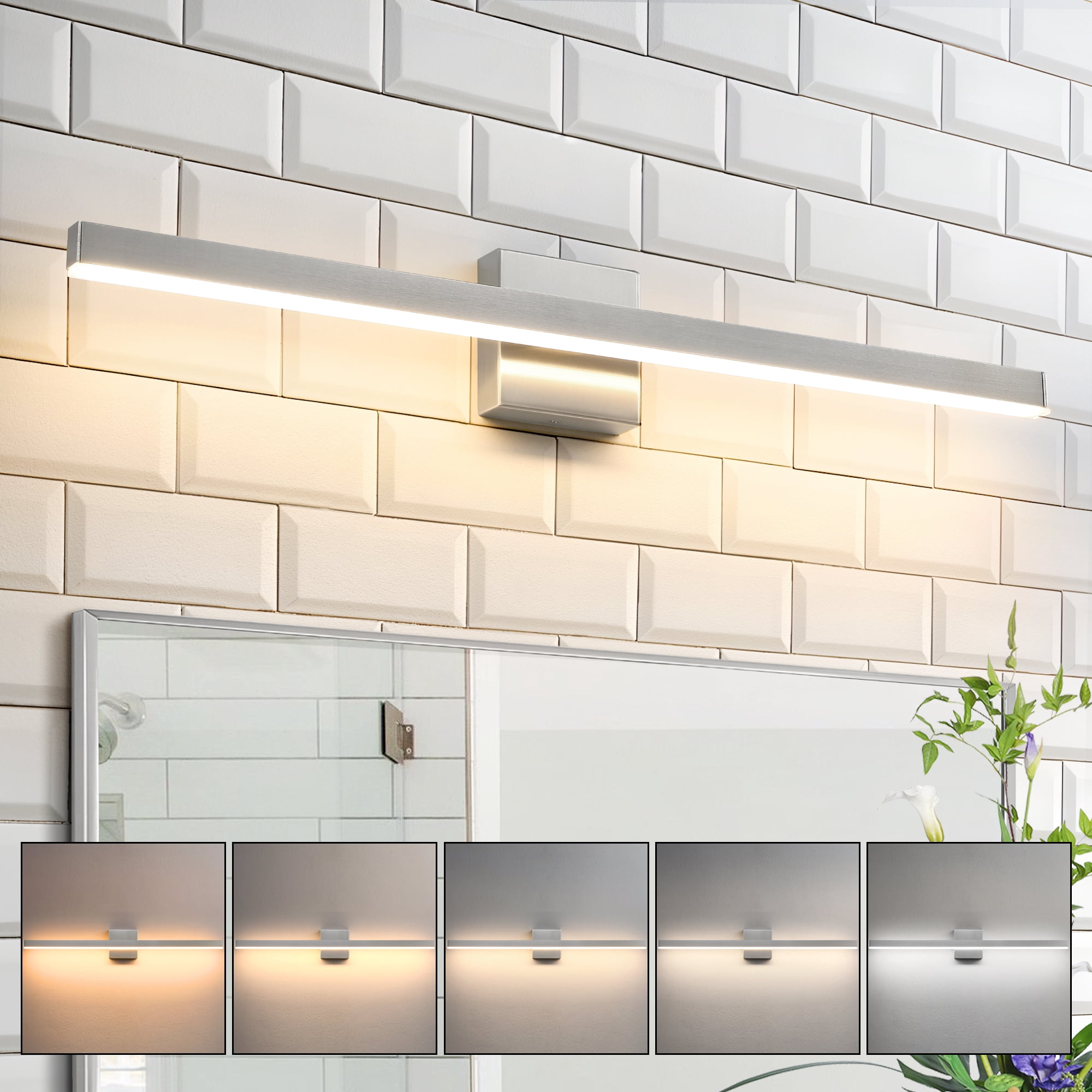 Minimalist Linear LED Modern Lighting Fixtures 32'' Bathroom Brushed Nickel Vanity Light Dimmable Over Mirror Wall Sconce for Bathroom