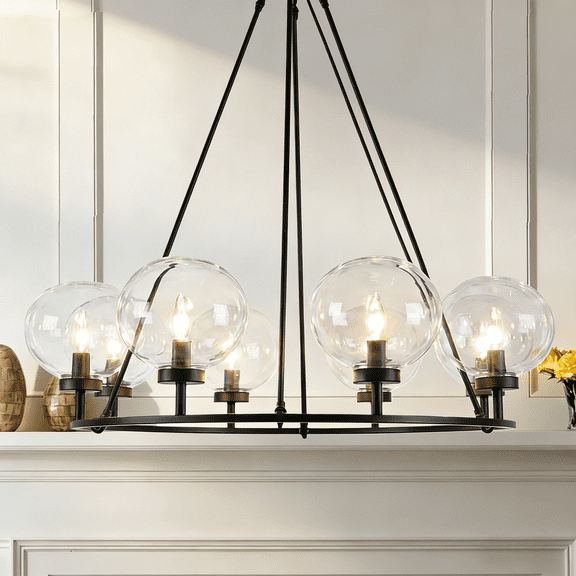 Minimalist Linear Matte Black Iron with Globe Glass Shade 37.75 Inch Chandelier, Contemporary Ceiling Lamp, Mordern Ceiling Light, Ceiling Mounted Light over Kitchen Island, for Living Room