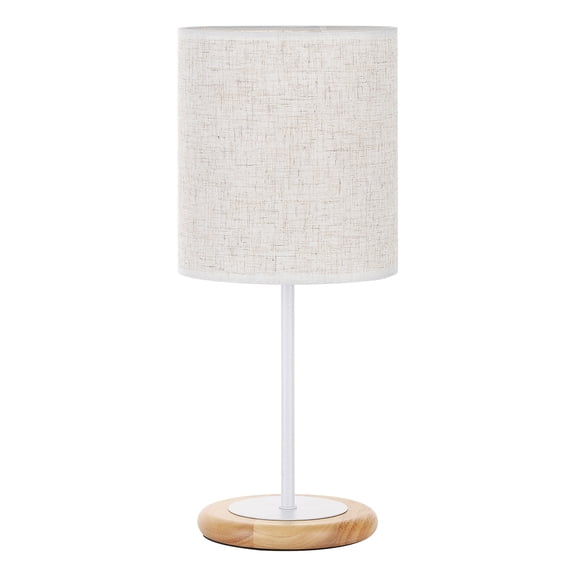 Minimalist Linen Drum Table Lamp, Natural Wood Base Bedside Lamp with E26 Socket, Modern Nightstand Lamp for Bedroom Living Room Office