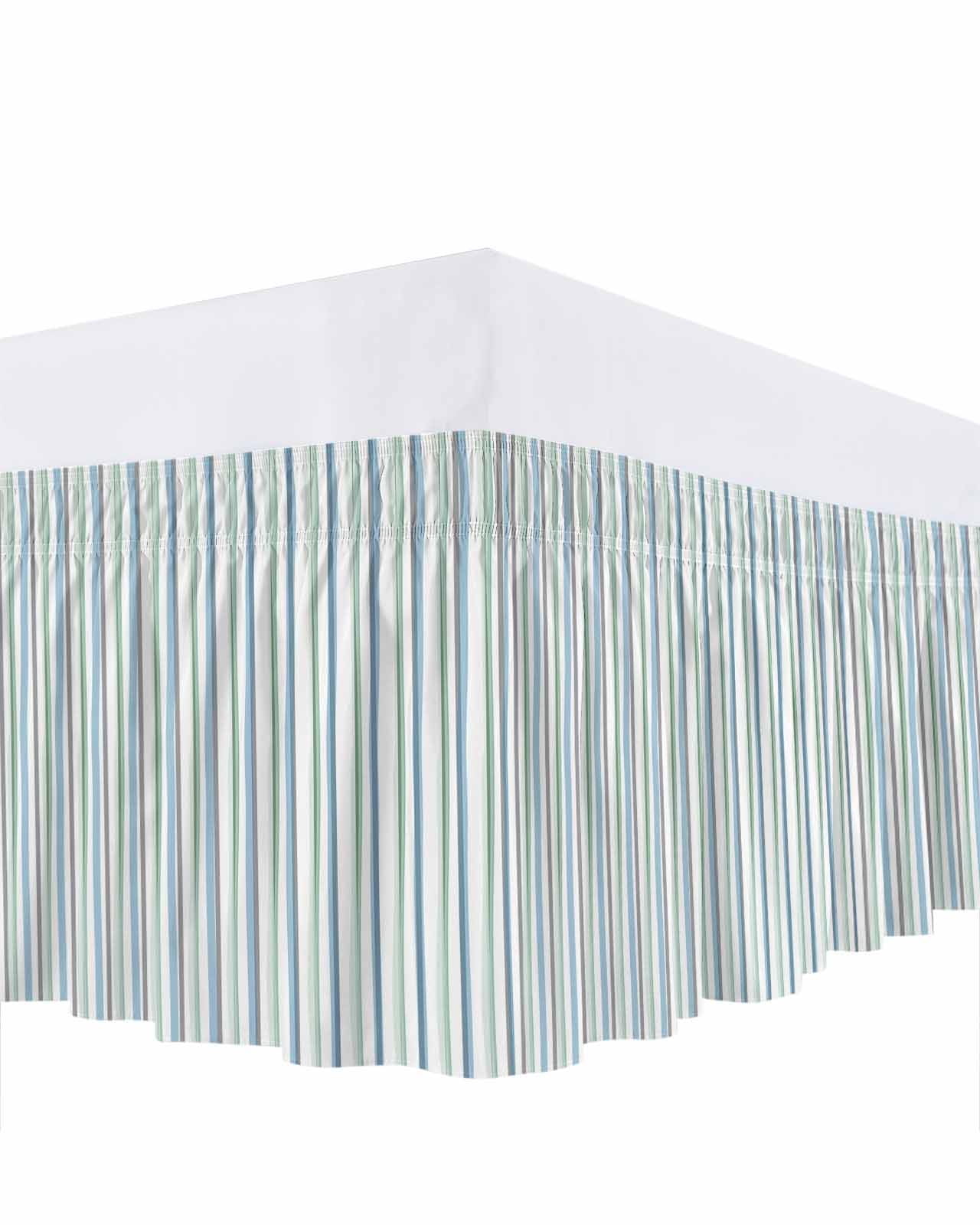Minimalist Lines Bed Skirt King Size 16" Drop Hand Painted Blue Green Stripes Ruffled Wrap Around Bed Skirts Adjustable Elastic Bedskirt Dust Ruffle for King Size Bed