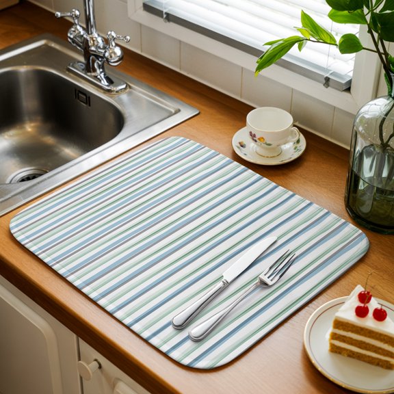 Minimalist Lines Kitchen Drying Mat 1 Pack, Hand Painted Blue Green Stripes Absorbent Dish Drying Mat Drying Pad Drainer for Kitchen Counter Sink 16 X 18 Inch, Machine Washable