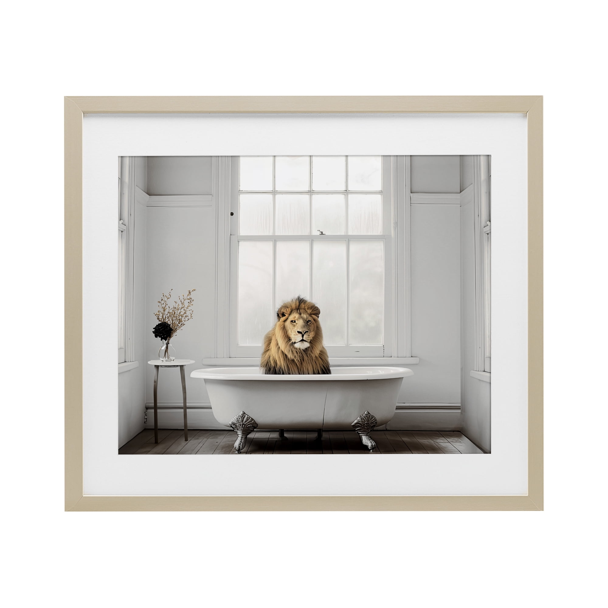 Minimalist Lion Bathtime Birch Framed Print Under Glass, design by Sasha