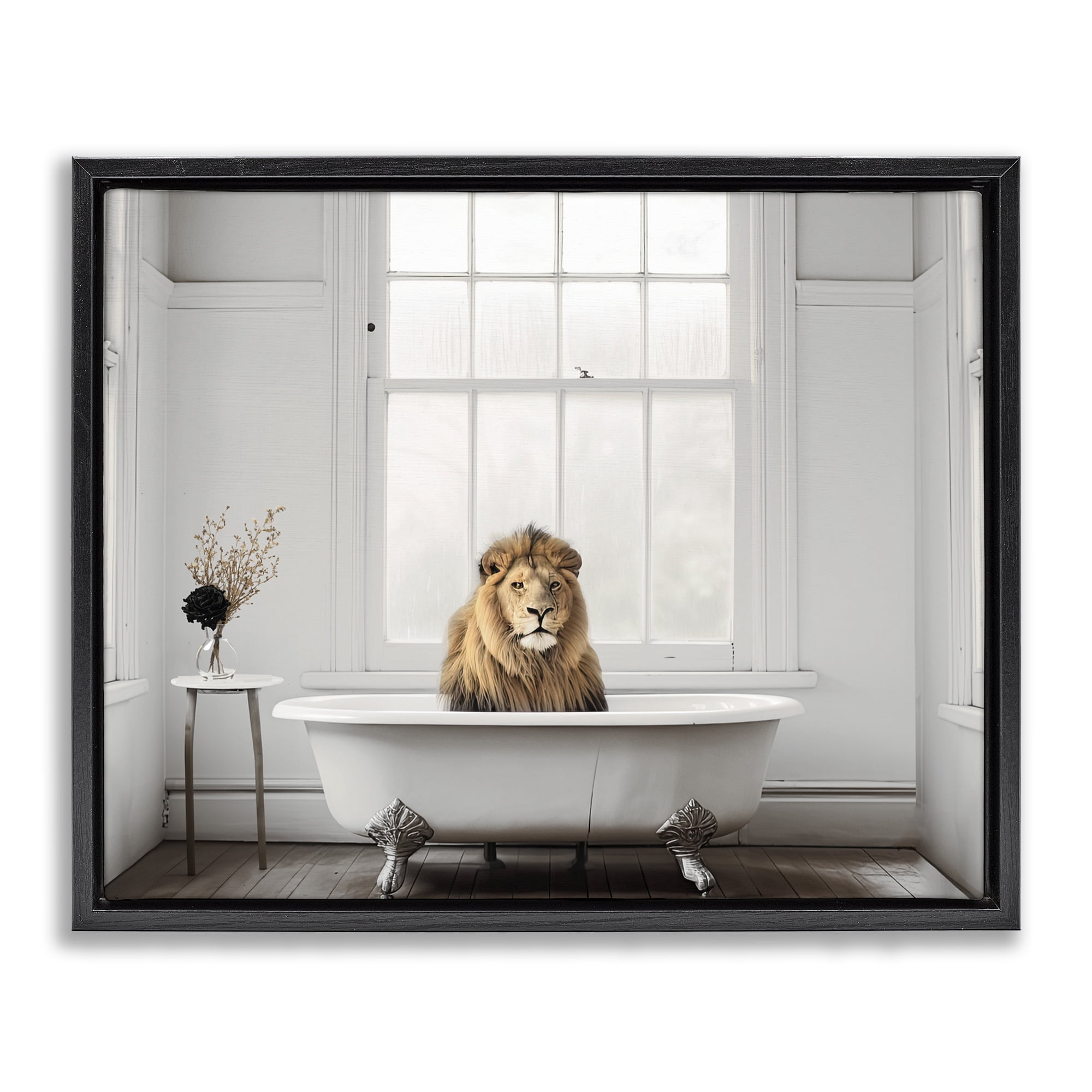 Minimalist Lion Bathtime Black Framed Floater Canvas Wall Art, design by Sasha