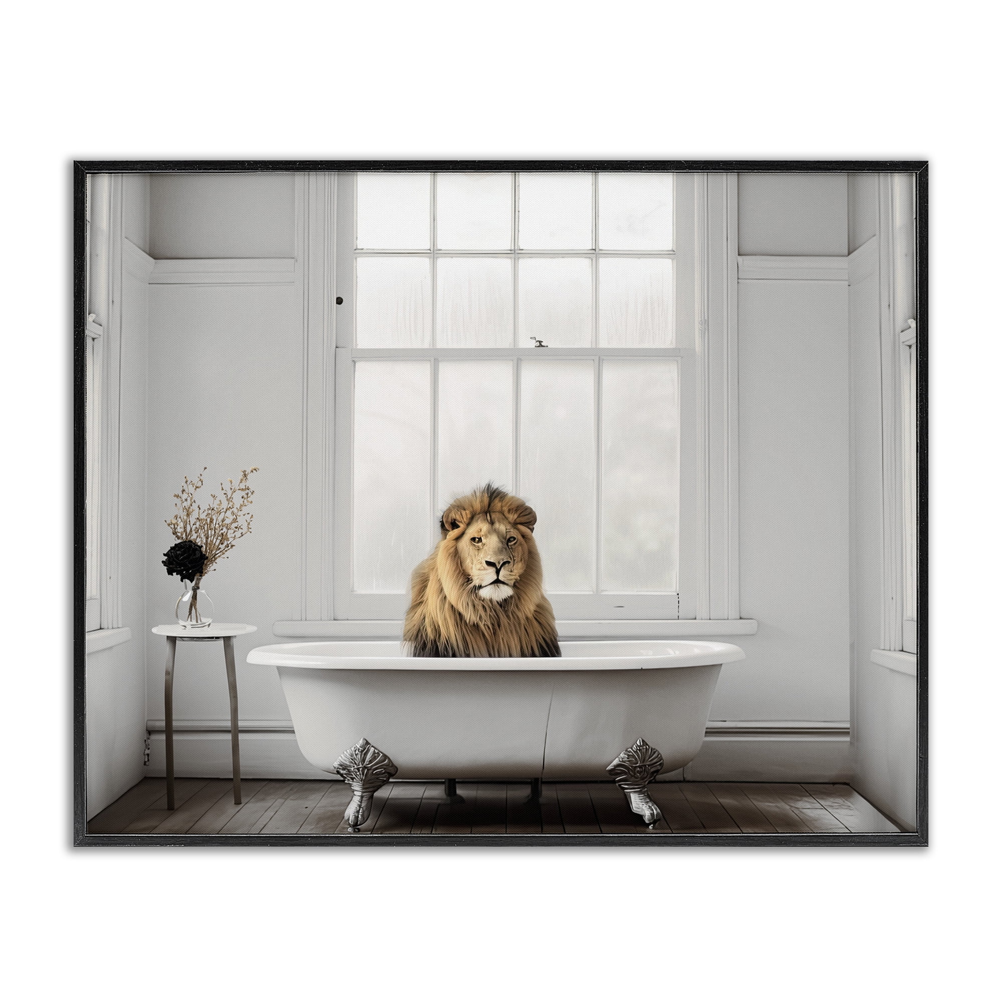 Minimalist Lion Bathtime Black Framed Giclee Art, design by Sasha