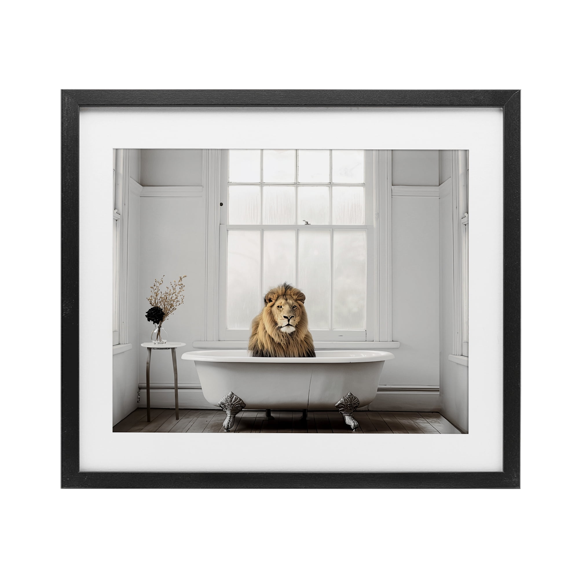 Minimalist Lion Bathtime Black Framed Print Under Glass, design by Sasha