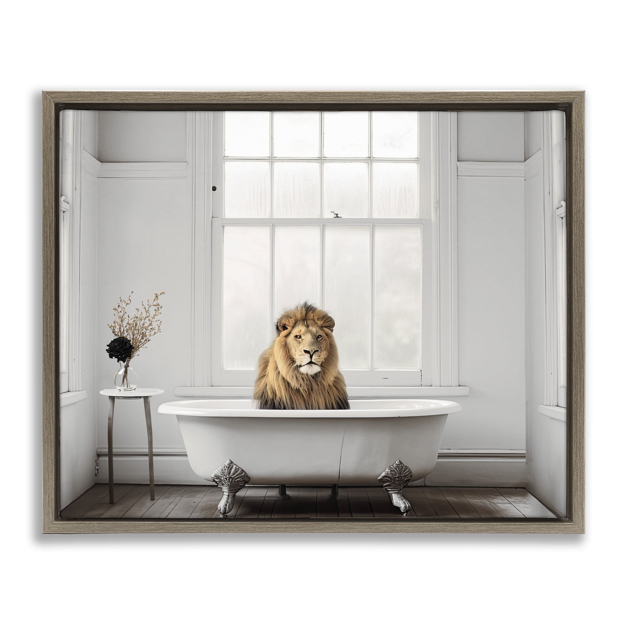 Minimalist Lion Bathtime Brown Framed Floater Canvas Wall Art, design by Sasha