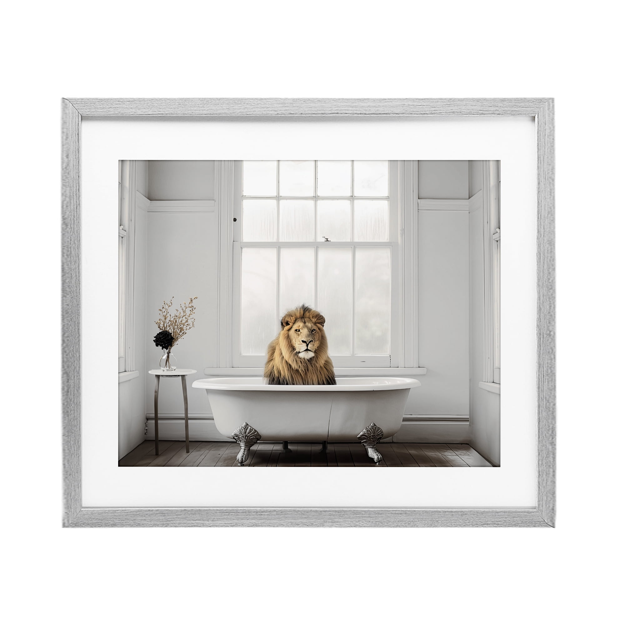 Minimalist Lion Bathtime Gray Framed Print Under Glass, design by Sasha