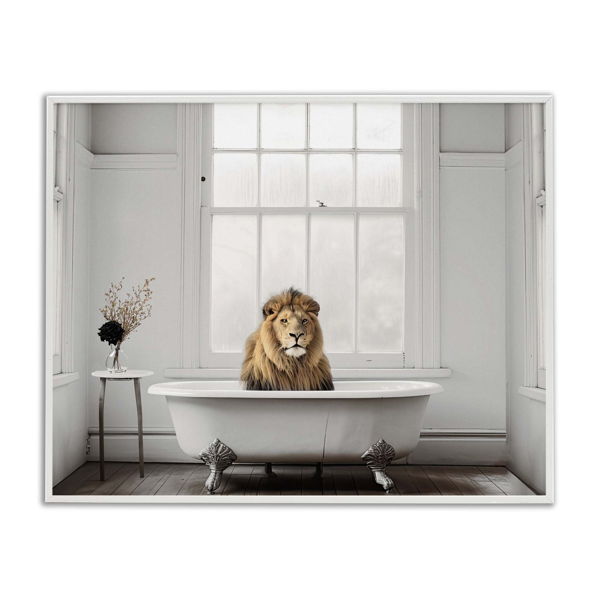 Minimalist Lion Bathtime White Framed Giclee Art, design by Sasha