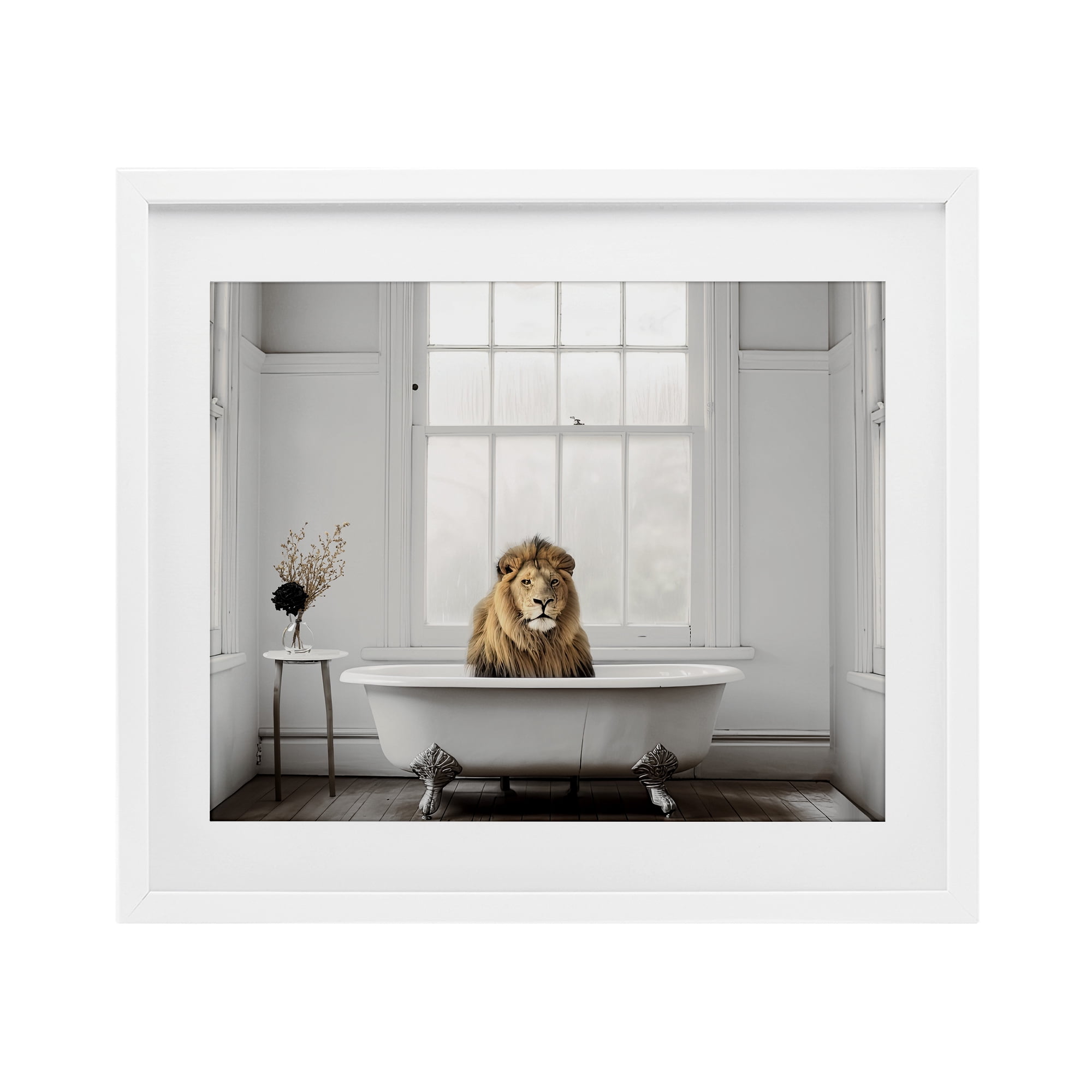 Minimalist Lion Bathtime White Framed Print Under Glass, design by Sasha