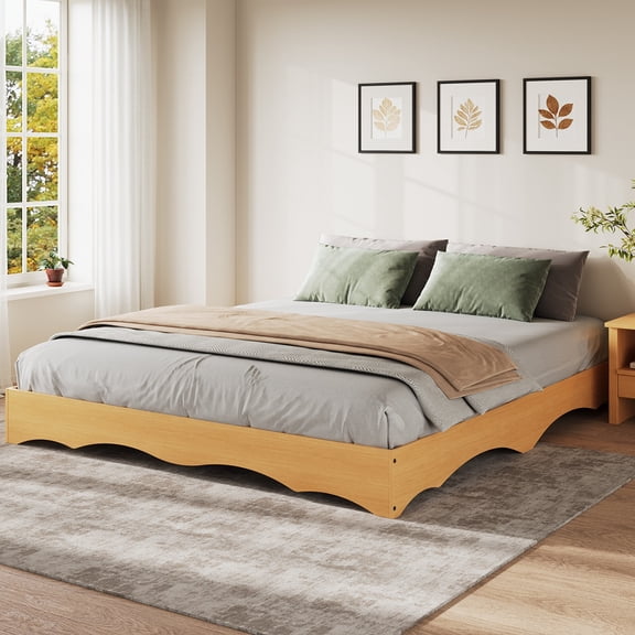 Minimalist Low Profile Wavy Edge Wood Platform Bed Frame - King Size - Sturdy Wooden Slats, Noise-Free Design, No Headboard or Box Spring Needed, Easy Assembly - Pine