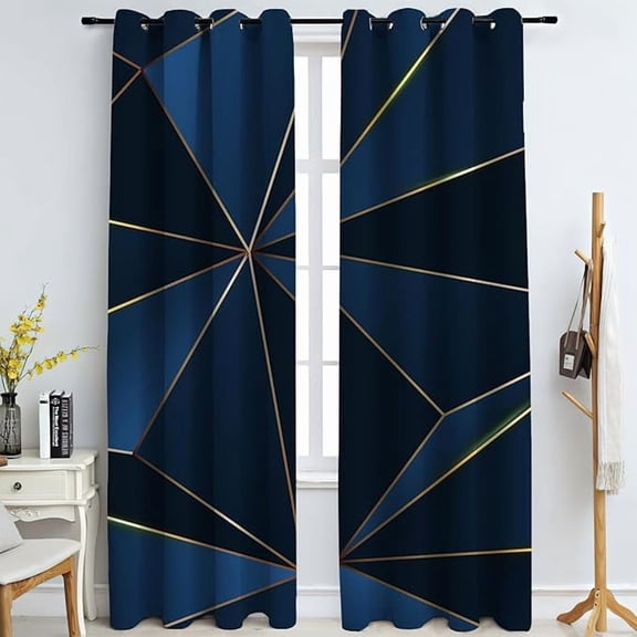 Minimalist Luxury Window Curtains, Navy Blue Gold Irregular Geometry Blackout Curtains, Light Filtering Window Treatment For Window Decor In Living Room Bedroom Balcony 26"W x 63"L (Pack of 2)