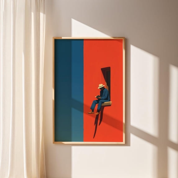 Minimalist Man Reading Wall Art Print, Red Blue Illustration, Modern ...