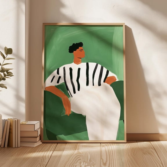 Minimalist Man In Striped Shirt Print, Modern Green Abstract Wall Art, Portrait Of Relaxed Figure, Neutral Aesthetic Decor, Wall Art, Modern Wall Decor, 24x36 UNFRAMED