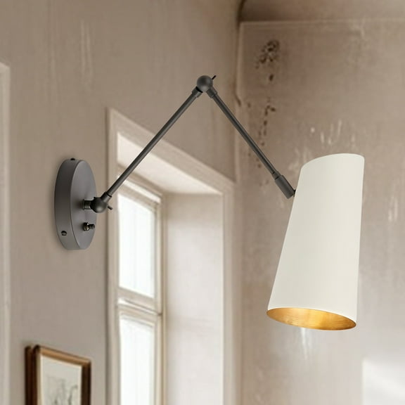 Minimalist Matte Black Bending Pole Single Wall-Mounted Sconce with Ivory Metal Shade, Hand-polished Wall Light, Unique Elegant Wall lamp, Indoor Sconce for Living Room, Bedroom, Entryway