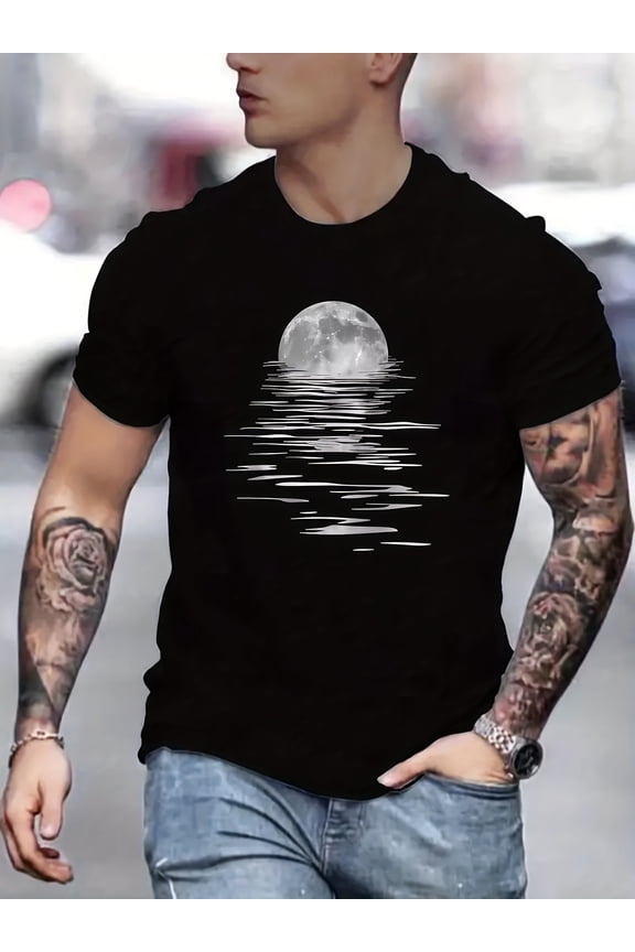 Minimalist] Men's Fashion Moon Print T-Shirt, 100% Cotton Crew Neck Short Sleeve Casual Tee, Versatile Streetwear Top for Spring/Summer