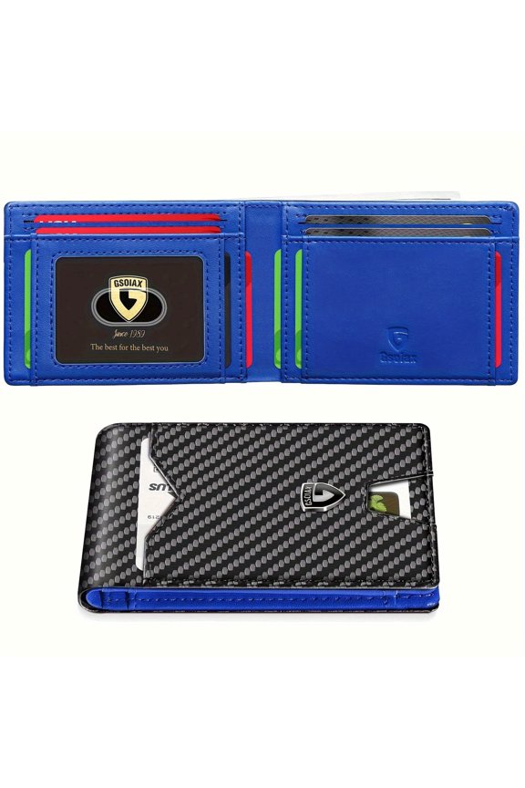 Minimalist Men's Wallet - RFID Blocking Front Pocket Friendly (Gift Box, Blue)