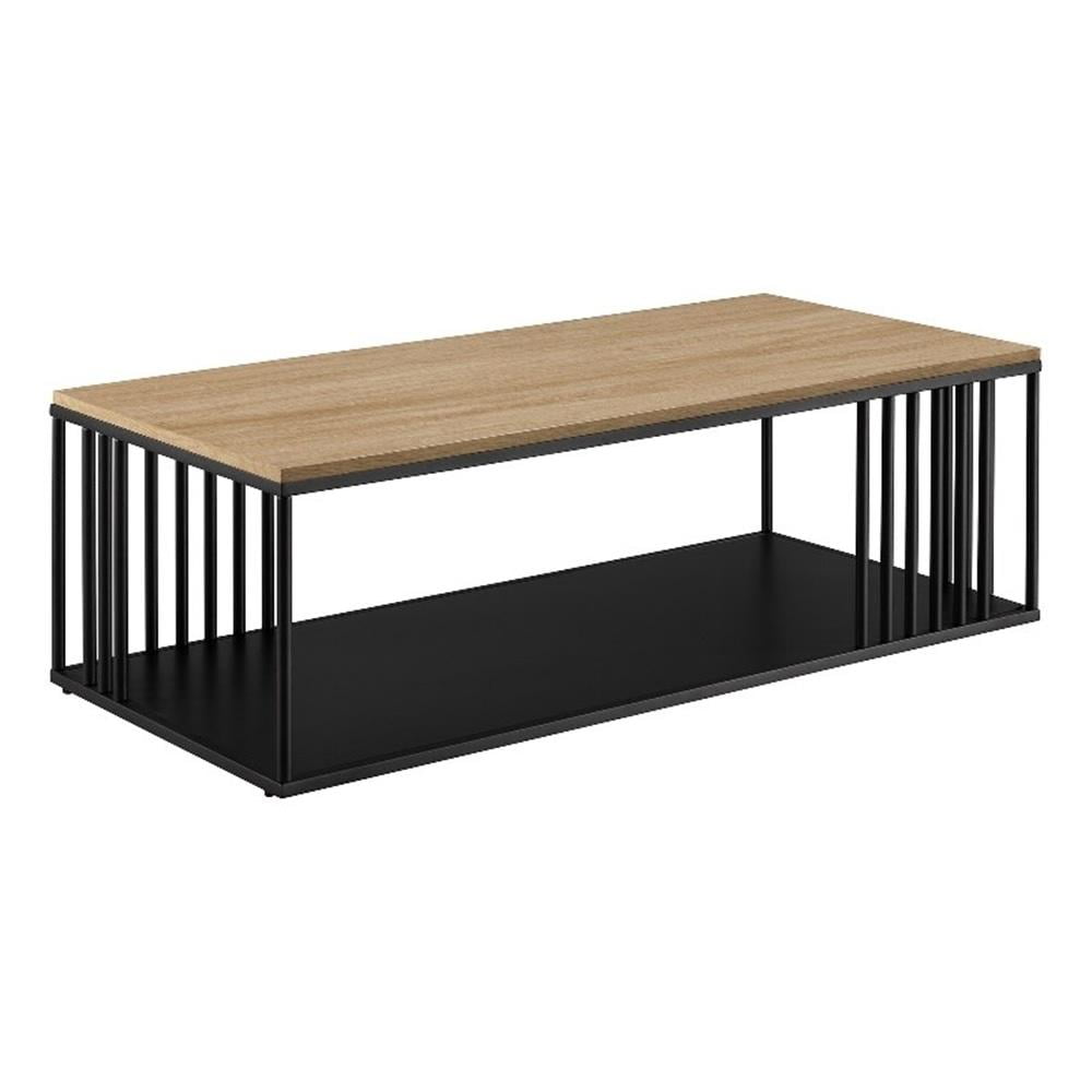 Modern Minimalist Oak and Black Rectangular Coffee Table