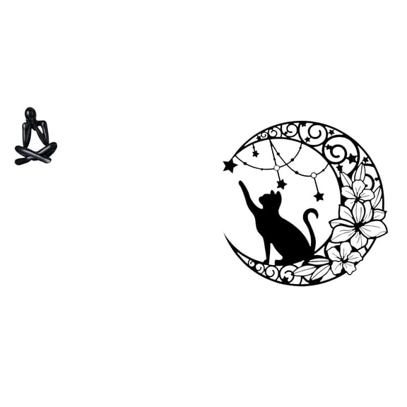 Minimalist Metal Wall Art Sculpture Black Cat Ornament Hollow Design Collectible for Bookshelf Desk Bedroom