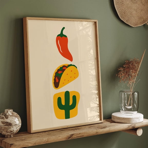 Minimalist Mexican Food Art Taco Chili Cactus Kitchen, Unframed Paper Poster 16x20in