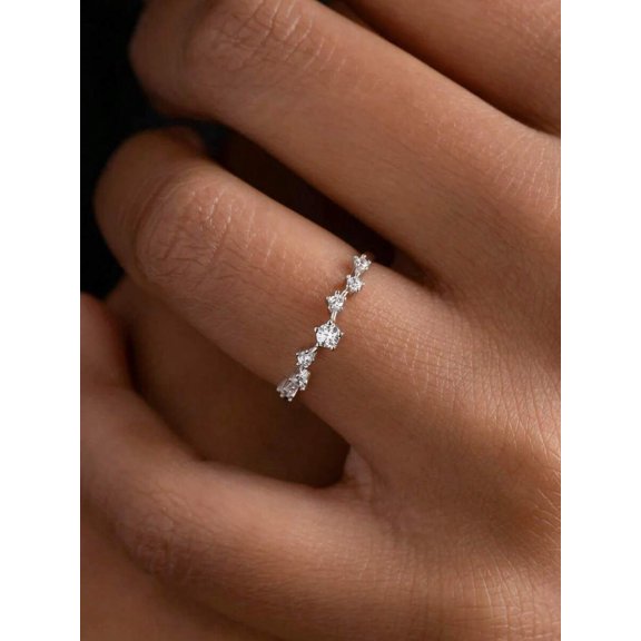 Minimalist Micro Pave 7 Cubic Zirconia Round Stone Silvertone Ring For Women Daily Wear Engagement Wedding Jewelry Gift - Color 8