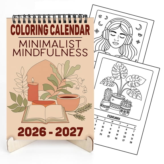 Minimalist Mindfulness Coloring Desk Calendar 2026–2027, A5 Wooden Cover Planner with 26 Easy Coloring Pages for Adult Relaxation, 24 Month Desktop Calendar, Gift for Family & Friends