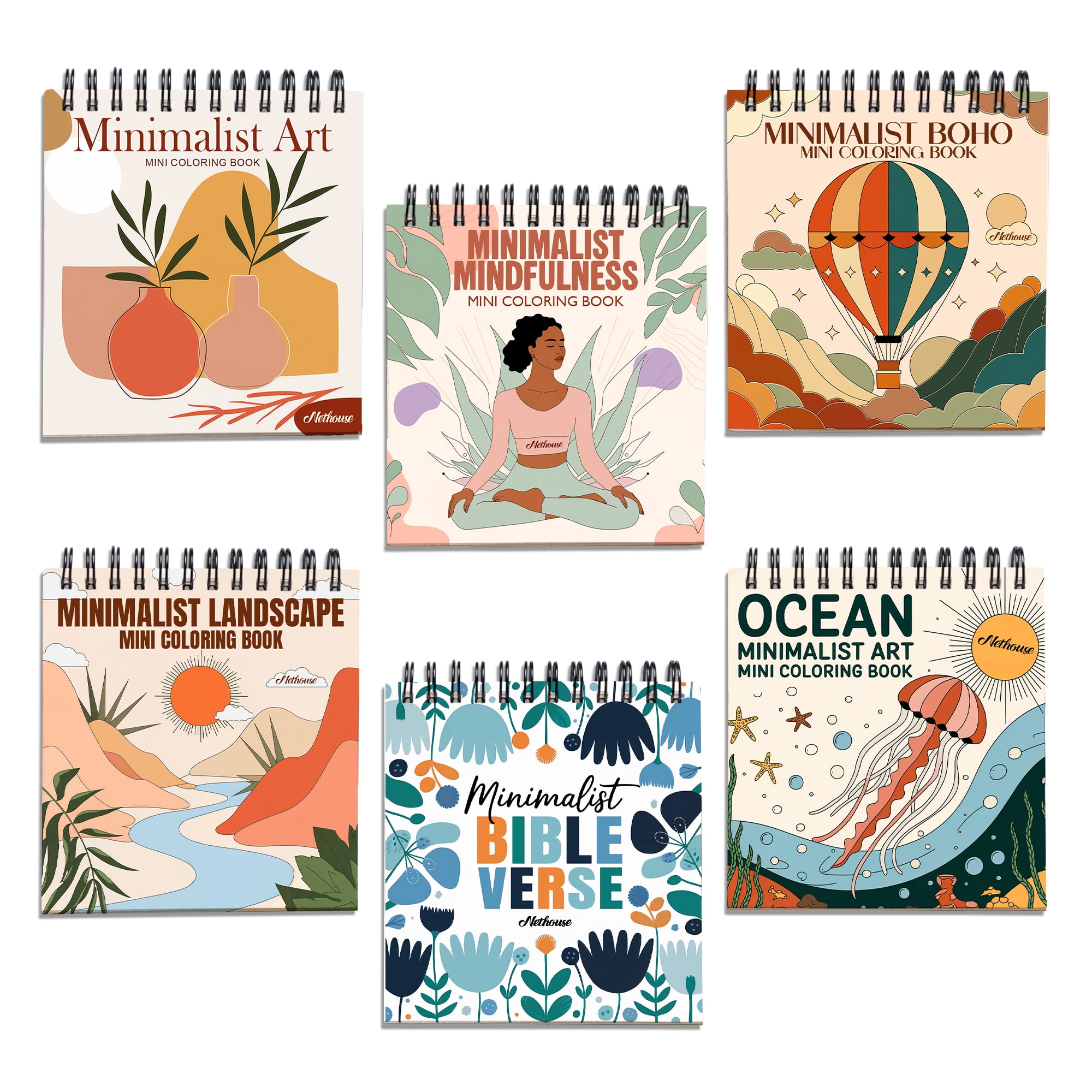 Minimalist Mindfulness Mini Coloring Book Spiral Bound for Adult, Pack 6, 3.5” x 3.5” Pocket Size, 40 Coloring Pages Stress & Anxiety Relief, Travel for Women Men