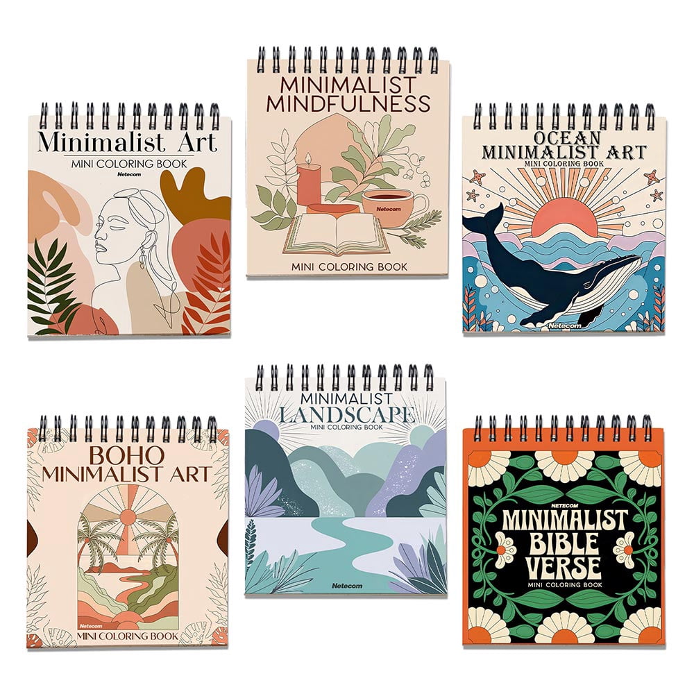Minimalist Mini Coloring Book Spiral Bound for Adult, Pack 6, 3.5” x 3.5” Pocket Size, 40 Coloring Pages Stress & Anxiety Relief, Travel for Women Men