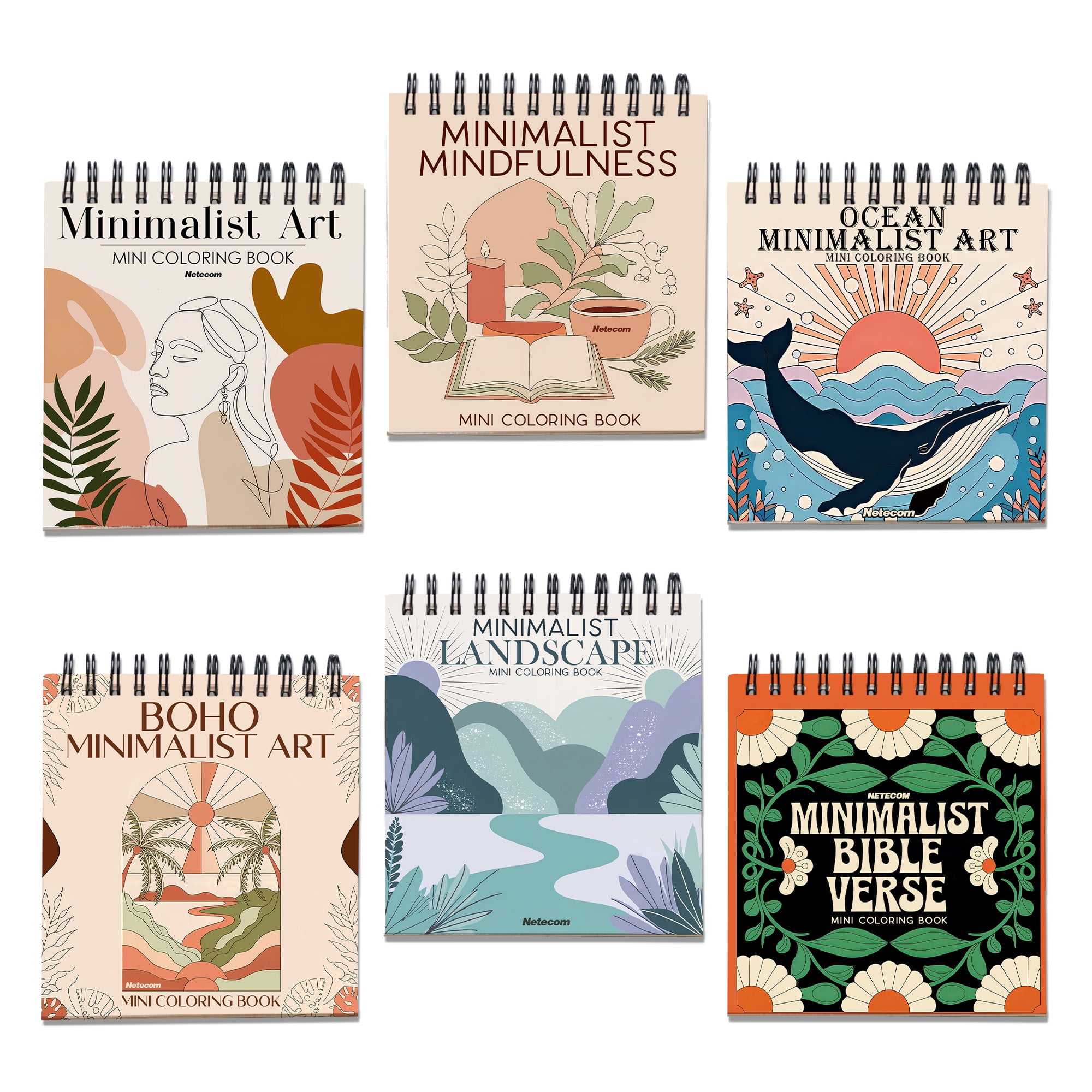 Minimalist Mini Coloring Book Spiral Bound for Adult, Pack 6, 3.5” x 3.5” Pocket Size, 40 Coloring Pages Stress & Anxiety Relief, Travel for Women Men