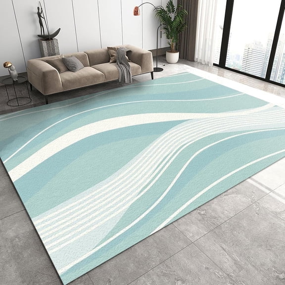 Minimalist Mint Green Wave Area Rug, Boho Abstract White Stripe Indoor Non-Slip Rugs, For Room Sofa Living Room Mat Bedroom Home Decor Floor Mats 5x6ft