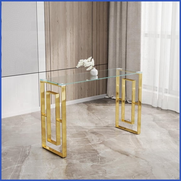 Minimalist Modern Coffee Table with Golden Stainless Steel Legs, Transparent Reinforced Glass Top - Easy-Clean & Space-Saving for Living Room