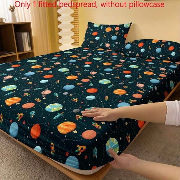 Minimalist Modern Planet Spaceship Print Fitted Sheet - Cozy Bedding Set for Kids and Adults