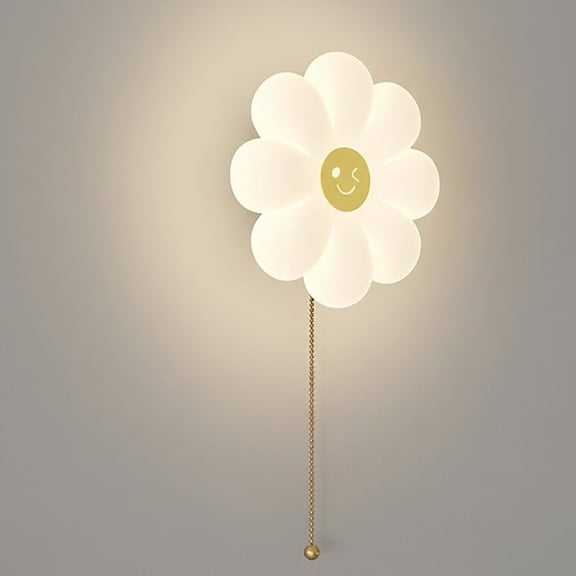 Minimalist Modern Wall Flower Shape Smiley Face Sunflower LED Lamp, PE Shade 6.3-In, Warm Glow White Iron Base for Bedroom Living Room(lxf)