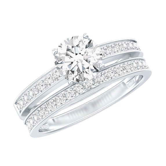 Rosec Jewels Minimalist Moissanite Wedding Set (D-VS1 Grade) 7 mm Round Engagement Ring with Band, 18K White Gold, US 6.50