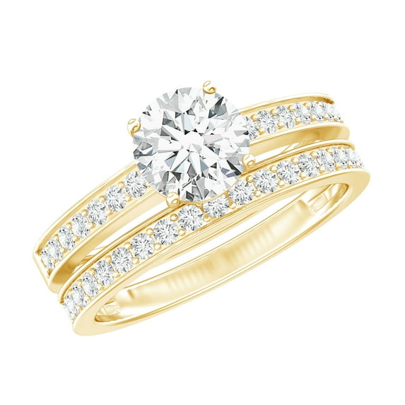 Rosec Jewels Minimalist Moissanite Wedding Set (D-VS1 Grade) 7 mm Round Engagement Ring with Band, 18K Yellow Gold, US 12.00