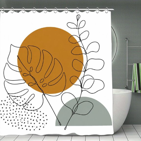 Minimalist Monstera Line Art Print Shower Curtain,Cloth Fabric Waterproof Polyester Bathroom Home Decor Set with Hooks 70.870.8Inch