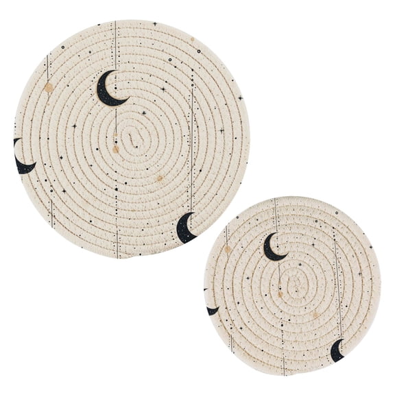 Minimalist Moon Pattern Cotton Braided Potholders, 2 Pack Heat-Resistant Pads 7.09'' and 9.45''