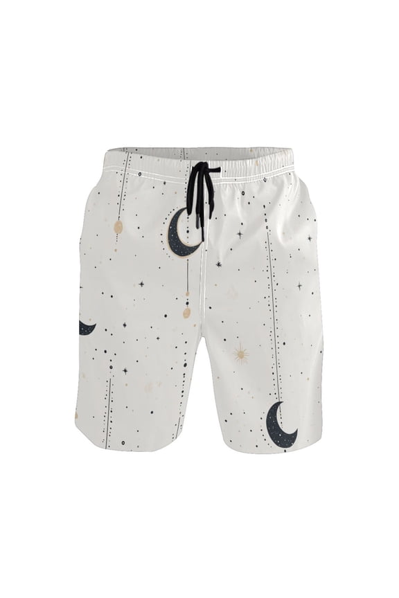 Minimalist Moon Pattern Medium Size Men's Quick Dry Beach Shorts with Mesh Lining, Lightweight