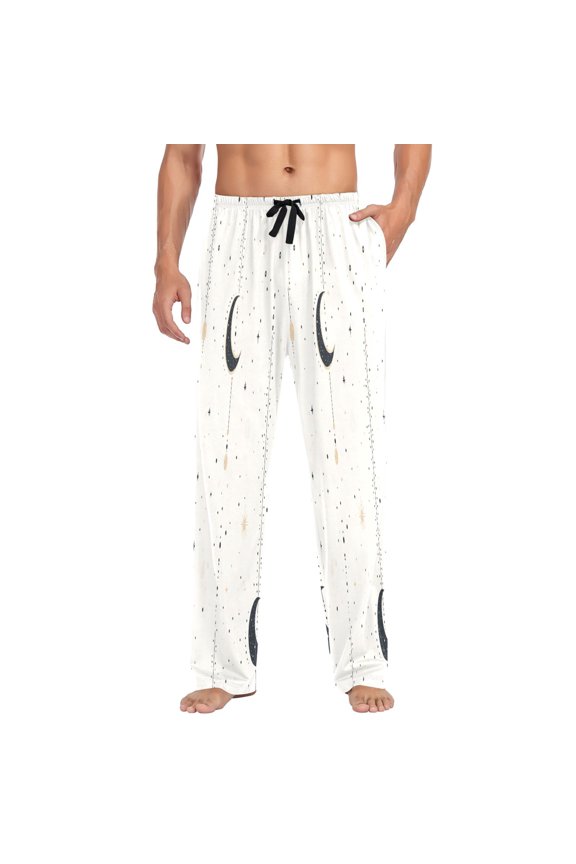Minimalist Moon Pattern Mens Cotton Pajama Pants Long Staple Lightweight Sleep Bottoms with Pockets Breathable