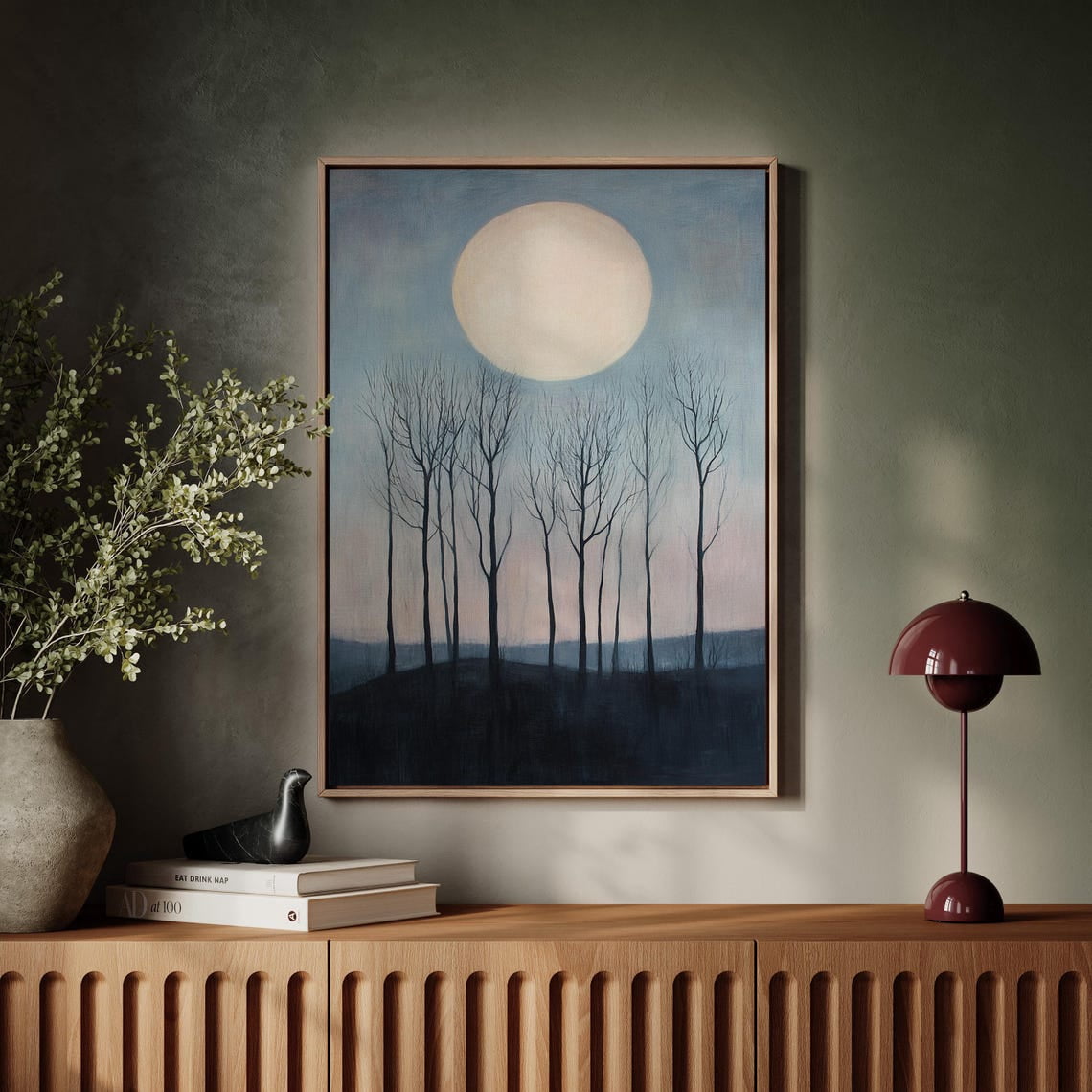 Curated visual reference: Minimalist Moonlit Forest Bare Trees Against A Soft Pastel Sky Photo Inspiration