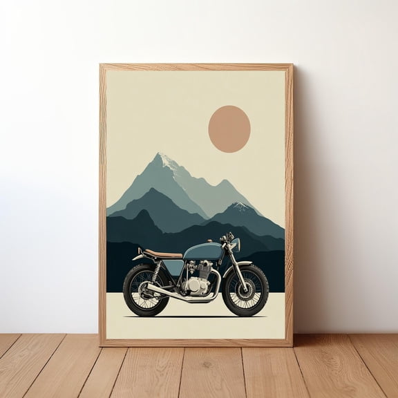 Minimalist Motorcycle Cafe Racer Coastal Mountain Landscape Rider Decor Vintage Bike Illustration Layout, Unframed Poster