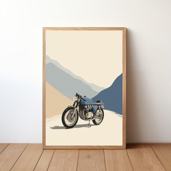 Minimalist Motorcycle Cafe Racer Coastal Mountain Landscape Rider Decor Vintage Bike Illustration Third Version, Unframed Poster