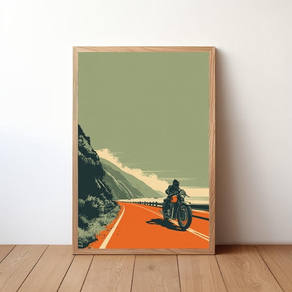 Minimalist Motorcycle Cafe Racer Coastal Mountain Landscape Rider Decor Vintage Bike Illustration, Unframed Poster